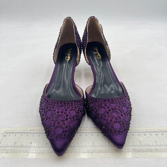 XYD Purple Pointed Toe D'Orsay Kitten Heel Rhinestone Studs Slip-On Satin Shoes - Picture 3 of 8